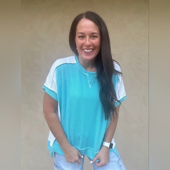 7th Ray Tops - Women's Teal and White Knit Ribbed Top